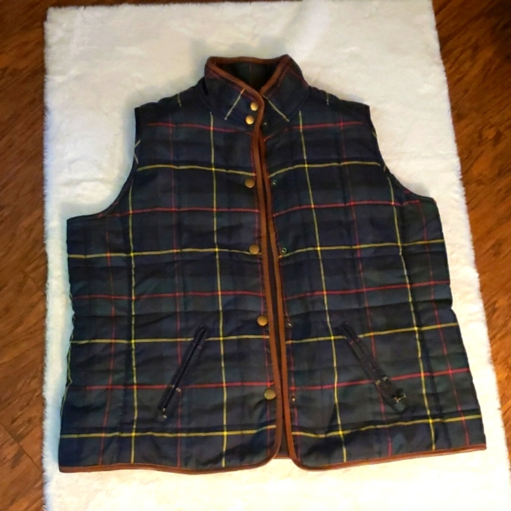 Lauren Ralph Lauren Navy Plaid Quilted Vest with Brown Trim